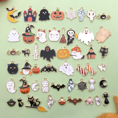 50pcs Alloy Enamel Halloween Series Pumpkin Lantern Ghost Black Cat Bat Moon Pendant Jewelry Making DIY Keychain Earrings Pendant Various Design Charms for Jewelry Making Bracelets Necklace (HK728) - color: HK728