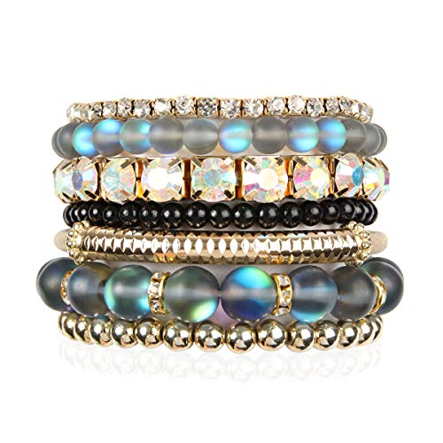 RIAH FASHION Multi Color Stretch Beaded Stackable Bracelets - Layering Bead Strand Statement Wrap Bangles - color: Mermaid Glass - Black, size: 7.0 Inches Length