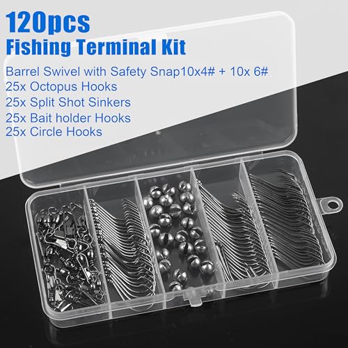 Fishing Hooks Swivel Sinker Set, 120Pcs Fishing Terminal Tackle Assortment Baitholder Octopus Circle Hooks Barrel Swivels Slipt Shot Sinker Weight Beads with Tackle Box