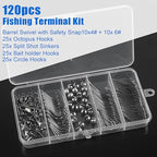 Fishing Hooks Swivel Sinker Set, 120Pcs Fishing Terminal Tackle Assortment Baitholder Octopus Circle Hooks Barrel Swivels Slipt Shot Sinker Weight Beads with Tackle Box