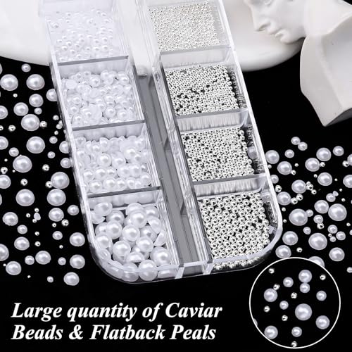 3D Mini Small Caviar Nail Beads Balls, 0.7-2mm Silver Nail Art Beads 1.5-5mm White Nail Pearls Half Round Flatback Pearl Nail Charms with Pickup Tools for Nails Face Eyes Makeup(31-K1-4) - color: 31-K1-4