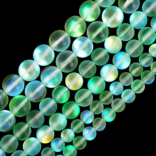 Matte Green Aurora Crystal Glass Beads, 6MM Frosted Glitter Shining Mermaid Round Loose Beads, Rainbow Holographic Synthetic Moonstone for Jewelry Making DIY Bracelet - color: Green, size: 6MM