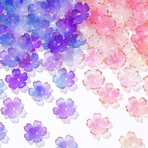 100pcs Cherry Blossom Beads, 5-Petal Gradient Acrylic Flower Beads, Mini Spacer Hair Accessories Halloween Christmas for Bracelets Earring Jewelry Making- Blue & Red - color: Blue & Red