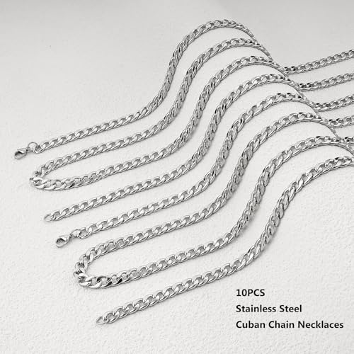 10pcs 18inch Miami Curb Cuban Link Chain for Men Women Stainless Steel Necklace Bulk Jewelry Hip Hop Chains - color: Steel 18", size: 1.8mm