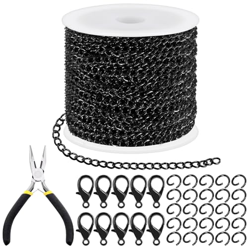 Tanstic 102Pcs 30 Feet Jewelry Making Chains Necklace Chains Bulk Cable Link Chain with 50Pcs Jump Rings, 50Pcs Lobster Clasps, Pliers for Bracelet Necklace Making(Black) - color: Black