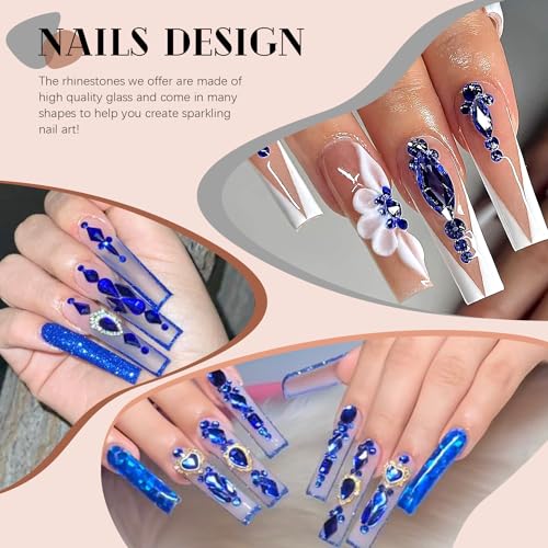 Royal Blue Glass Nail Rhinestones - 1680 Pcs Multi Shapes + 1500 Pcs Round Crystal with Glue Gel for Nail Art - color: Royal Blue with Glue