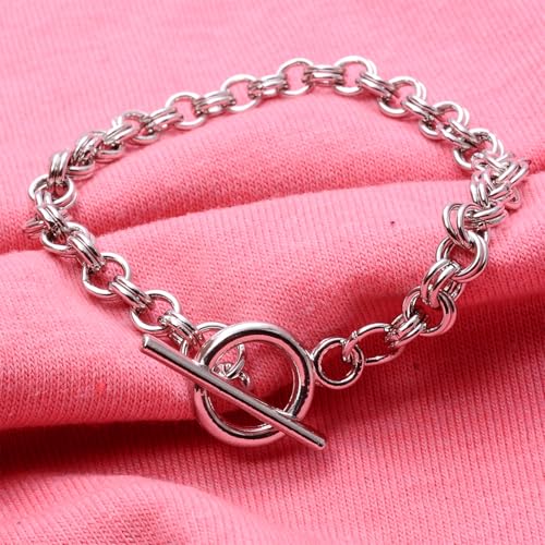 RUBYCA 10Pcs Toggle Clasp Silver Color Charm Rolo Bracelet Double Long Link Chain 18cm DIY Jewelry - color: 10 PCS, size: 18 CM