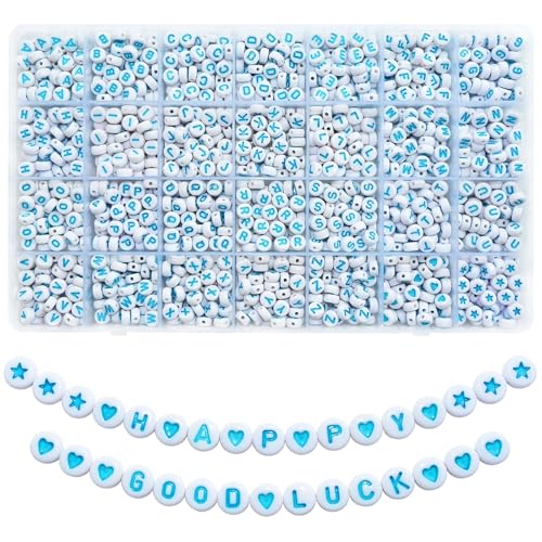 Looconi 1400pcs Blue Acrylic Letter Alphabet Beads 7x4mm and Heart Star Beads for Jewelry Making - color: BlueLetter