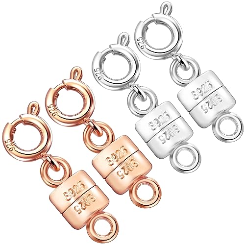 925 Sterling Silver Magnetic Necklace Clasps and Closures Mini Bracelets Clasp Converter Gold and Silver Chain Extender for Jewelry Making Supplies - color: 4Pcs | Silver & Rose Gold