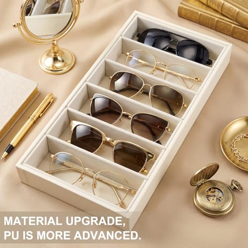 Juexica 4 Pcs Velvet Sunglasses Organizer Tray 6 Grid Sunglass Organizer Velvet Tray Stackable Glasses Display Case for Women Glasses Jewelry Display Watch (Beige PU) - color: Beige Pu