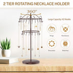 iDavosic.ly 2 Tier Rotating Necklace Holder Organizer with 42 Hooks, Adjustable Metal Bracelet Display Stand Rack, Extra Tall Keychain Spinning Tree Tower for Women, Espresso Brown - color: Satin Espresso