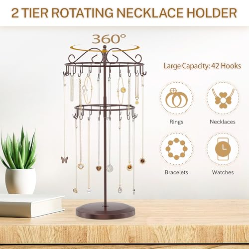 iDavosic.ly 2 Tier Rotating Necklace Holder Organizer with 42 Hooks, Adjustable Metal Bracelet Display Stand Rack, Extra Tall Keychain Spinning Tree Tower for Women, Espresso Brown - color: Satin Espresso