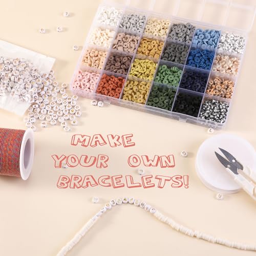 ADIIL 7200 Pcs Clay Beads Friendship Bracelet Making Kit, 24 Colors 6mm Polymer Heishi Beads, Neutral