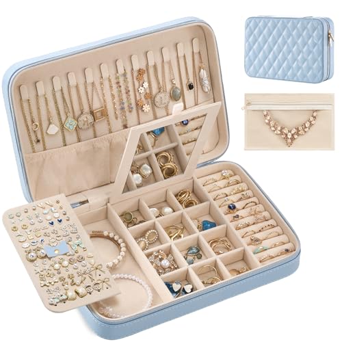 Lolalet Travel Jewelry Case for Women Girls, Travel Jewelry Organizer Box with Mirror & Clear Storage Bag, Small Portable Earring Necklace Bracelet Ring Case, Birthday Valentine Gifts -Large, Blue - color: Blue, size: Large (10"W*6.69"D*2.17"H)