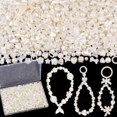270-320PCS TINKRSTUFF Assorted Acrylic Beads,ABS Imitation Pearl Cute Beads for Bracelet Making, Aesthetic Bow Butterfly GummyBear Kawaii Charms for Jewelry Necklace Making DIY Keychain Phone Charm - color: Ivory-150g