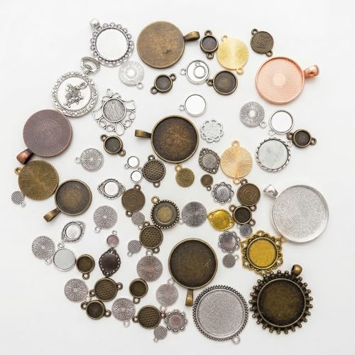 Mixed Blank Bezel Pendant Trays, Zinc Alloy Cabochon Settings for DIY Jewelry Making, Assorted Shapes & Sizes, Silver Gold Antique Bronze Base for Necklaces Bracelets Crafts(Approx. 70 pcs)