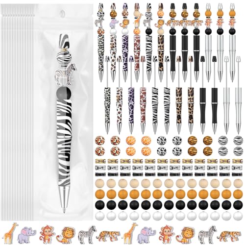 Colarr 24 Sets Plastic Beadable Pens DIY Pens Making Kit Assorted Wood Beads Crystal Spacer Black Ink Ballpoint for Women Crafts Office Family Gifts(Jungle Animals) - style: Jungle Animals