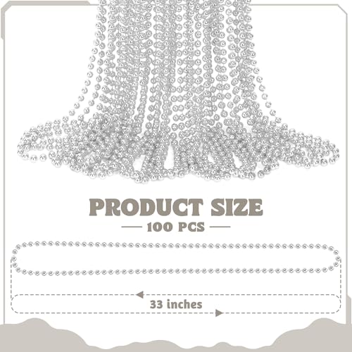 Huskein 100 PCS Mardi Gras Beads Bulk, 33" Round Xmas Beaded Necklaces, Christmas Beads, Parade Accessories Set for Festive Event Carnival Party Supplies Favors - color: Silver