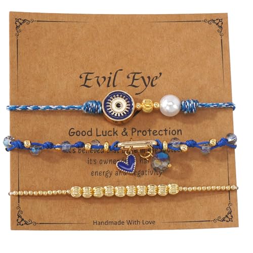 Evil Eye Heart Charm Stackable String Rope Colorful Beaded Bracelets Set For Women, Boho Handmade Adjustable Protection Lucky Gold Jewelry, Daily Party Friendship Gift - color: Blue