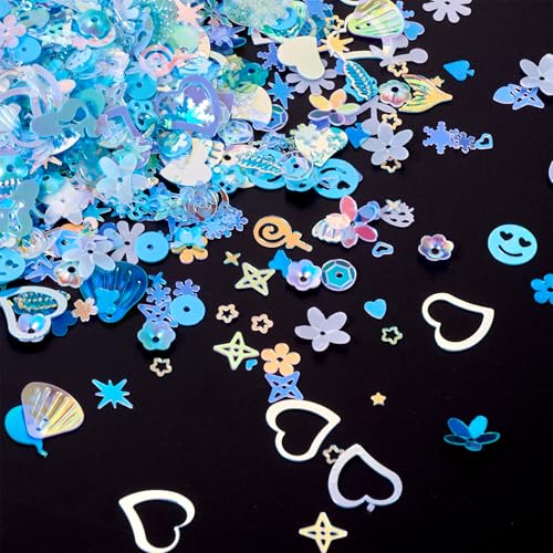 Beadthoven 100G Sequins and Spangles for Crafts, Pastel Color Mix Shape Sequins Supplies Iridescent Glittery Flakes Paillette DIY Art Sequins for Christmas Clothes Party Decorations Embellishment - color: Blue, size: Mix