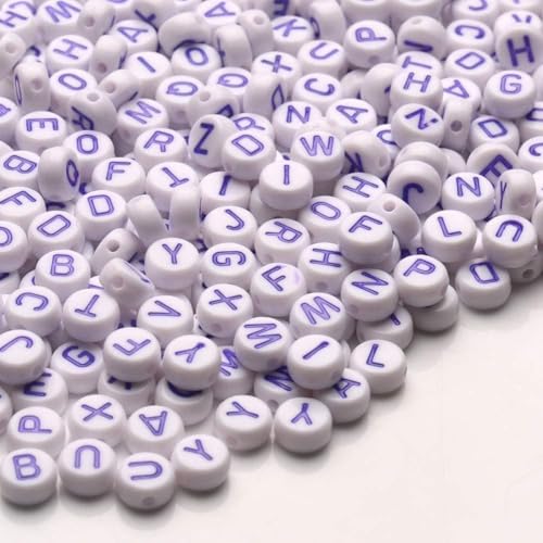 Purple Letter Beads Alphabet Letters White Round Bead, 4x7mm 1200pcs, Flat Letter Beads Purple Friendship Bracelets Making Kit Beads for Bracelets Purple Beads with Box - color: Purple Letter White Bead, size: 4×7mm(Round)