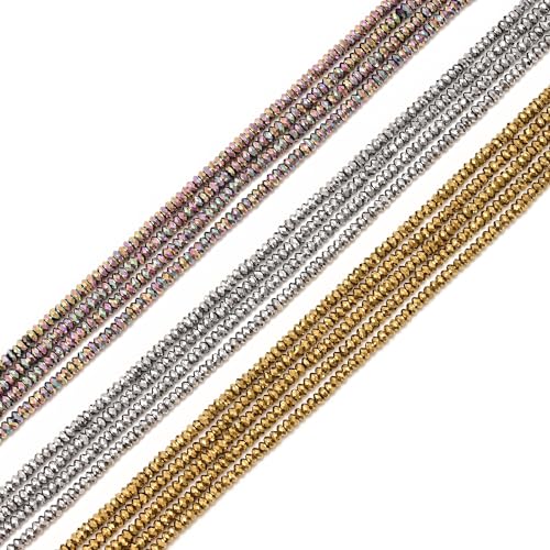 JM Design 1x2mm Silver Plated Hematite Faceted Rondelle Beads, 15.5''Strd Loose Energy Stone Spacer Beads for Jewelry Making Craft DIY Necklace Bracelet Earrings - color: Silver