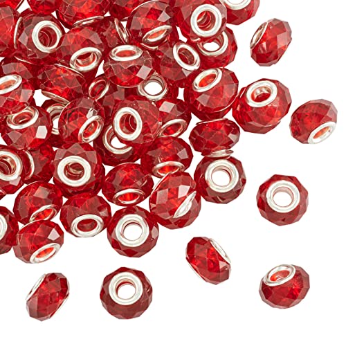 100pcs Red Glass Beads 14mm European Large Hole Beads Faceted Glass Crystal Valentine Christmas Bead for Bracelet Jewelry Making - color: Red