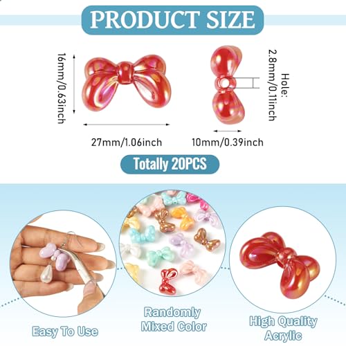 FASHEWELRY 20Pcs Large Acrylic Bow Beads Mixed Color Bowknot Spacer Beads Opaque Big Bows Focal Bead for Pens Keychains Bracelet Necklace Earring Jewelry Making, 16x27x10mm - color: Opaque Mixed Color