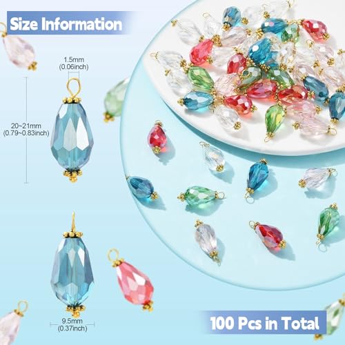 Ipotkitt 100 Pcs Colorful Glass Water Drop Charms Faceted Crystal Teardrop Bead Charms Drop Shaped Dangle Charms for DIY Earrings Necklace Jewelry Making - color: 100pcs-Big Drop Charms-20~21mm