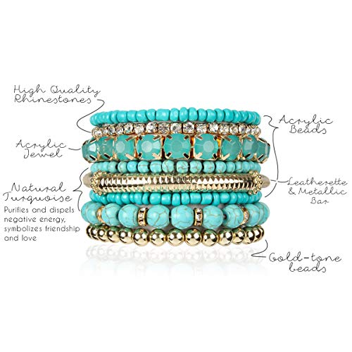 RIAH FASHION Multi Color Stretch Beaded Stackable Bracelets - Layering Bead Strand Statement Wrap Bangles - color: Natural Stone - Turquoise, size: 7.0 Inches Length