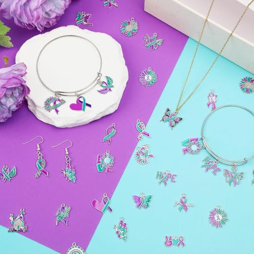 MARFOREVER 40 Pcs/20 Pairs Suicide Awareness Charms, Suicide Prevention Charms Teal Purple Ribbon Pendant for Bracelet Necklace Earrings Making Accessories - style: Suicide Awareness