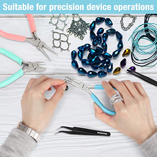 WORKPRO 5-Piece Jewelry Pliers Kit - Round Nose, Chain Nose, Wire Cutters, Pointed & Curved Tweezers, Case Included