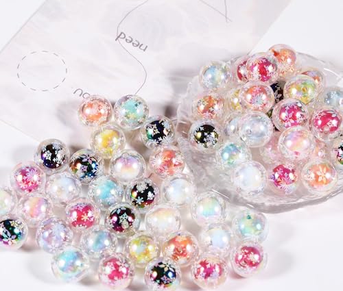 15Pcs Acrylic Beads Round 16mm UV Bead in Bead with Snowflake Print Fit for DIY Jewelry Bracelet Necklace Keychain Beadable Pens Mobile Phone Chain Making Cute (Snowflake-Mixed Color) - color: Snowflake-Mixed color