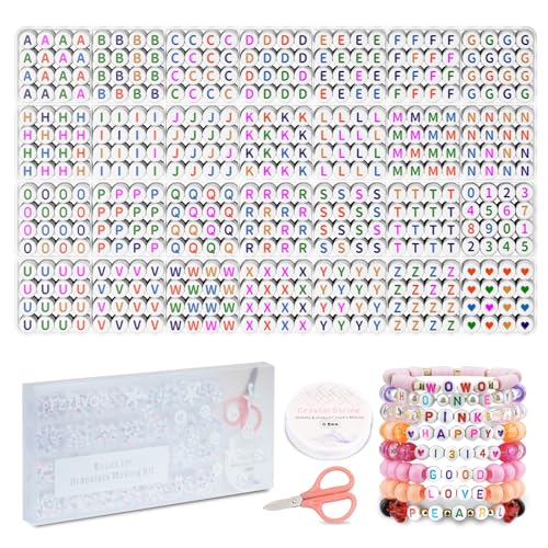 FZIIVQU 1400 Pcs Letter Beads Kit, 28 Styles White Acrylic Alphabet Beads Letter Beads for Jewelry Making wiht Number Beads Heart Beads Friendship Bracelet Kit - color: Colour Letter & White Base, size: 4*7mm