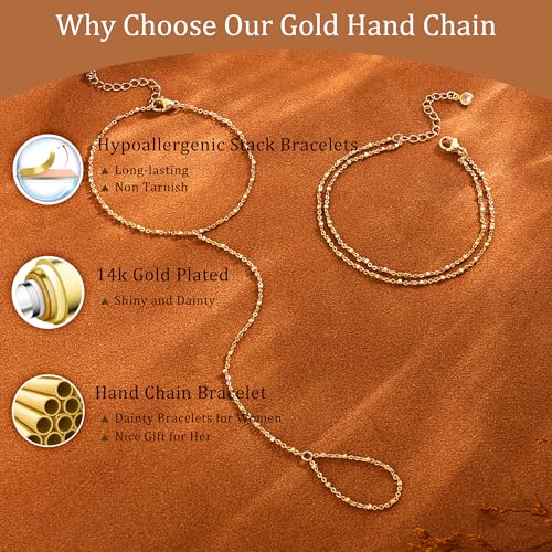 CHESKY 14K Gold Plated Hand Chain Bracelets for Women Set - Dainty Finger Ring Bracelet Stack Adjustable Hand Chains Durable Beaded Bracelets Trendy Simple Body Jewelry Gift for Women - style: 3thin bracelet-gold