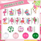 Tradder 200 Pcs Summer Flamingo Beach Beads Set Tropical Round Wood Charms with Swim Rings, Surfboards, Palm Leaves for DIY Jewelry, Pool Party Favors, Hawaiian Crafts & Home Decor - style: Flamingo