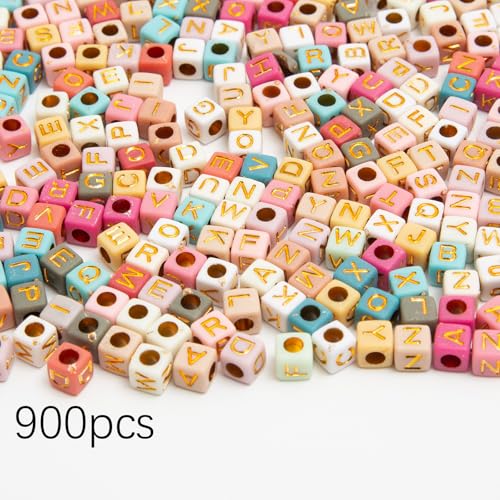 900pcs Square Colorful and Gold Letter Beads Acrylic 6x6mm Cube Beads for Bracelets Necklaces and Jewelry Making Alphabet Bead - color: Colorful-Gold