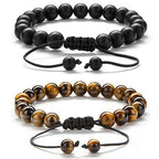Hamoery Men Women 8mm Tiger Eye Stone Beads Bracelet Elastic Natural Stone Yoga Bracelet Bangle - color: Black and Brown