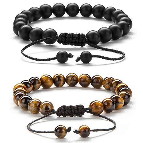 Hamoery Men Women 8mm Tiger Eye Stone Beads Bracelet Elastic Natural Stone Yoga Bracelet Bangle - color: Black and Brown