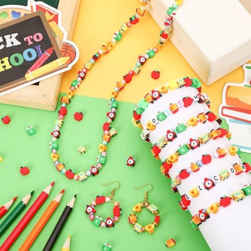 300pcs Back to School Polymer Clay Beads, Apple Pencil School Bus Spacer Beads for Jewelry Making First Day DIY Bracelet Necklace Accessories Craft Welcome Back to School Party Supplies - color: Red Green Yellow