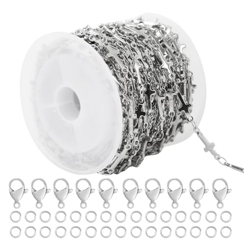 5 Meters Stainless Steel Cross Link Chains in Bulk for DIY Men Women Jewelry Making with Lobster Clasps, Jump Rings (Silver) - color: silver