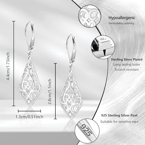 925 Sterling Silver Dangle Earrings for Women, 14K Gold Plated Filigree Dangling Leverback Earrings, Geometric Hypoallergenic Lightweight Dangly Drop Earings for Women Trendy Jewelry Gifts - color: A-Silver
