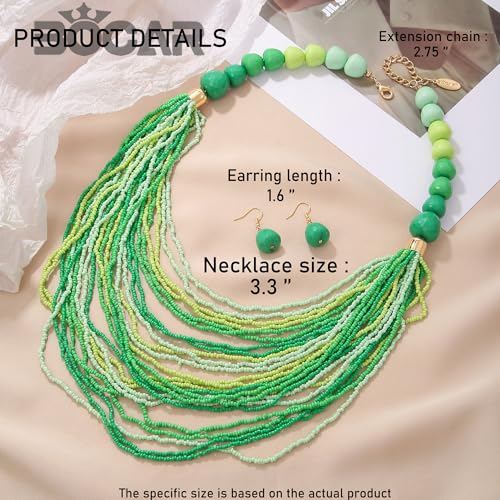 Bocar Necklace for Women, Multi Layer Statement Necklace, Long Chain Chunky Bib Seed Beads Necklace, Necklace Earring Set for Women Gift (NK-10693) - color: Mix green-set