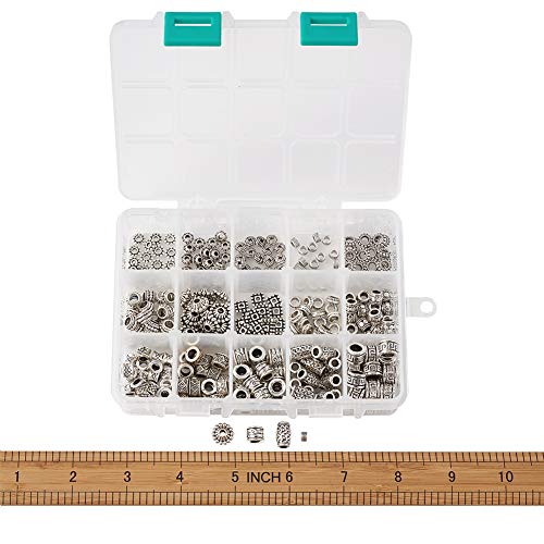 Beadthoven 300pcs 15 Style Antique Silver Large Hole Mixed Spacer Beads Tibetan Alloy Column Bicone Square Barrel Metal Spacers for Jewelry Necklace Bracelet Making - color: Antique Silver-Mixed 15 Styles