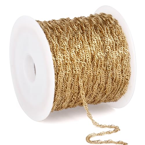 33 Feet 18K Gold PVD Plated Singapore Chains Roll, 1.7mm Width 304 Stainless Steel Gold Twisted Link Chain Bulk Spool for Jewelry Making DIY Craft - color: 1.7MM Gold Color