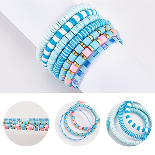 Ornaland 7Pcs Handmade Polymer Clay Heishi Surfer Stretch Bracelets Set Colorful Glass Beads Bracelets Boho Stackable Preppy Bracelets Wrist Jewelry for Women - color: light blue