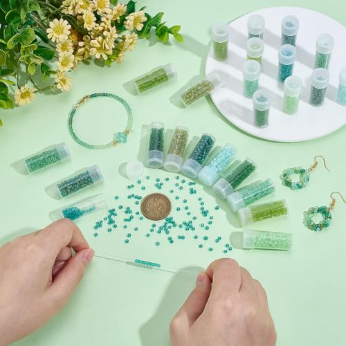 SUNNYCLUE 12 Jars 120G 3mm Seed Beads Glass Seed Bead Blue Green Glassy Crystal Round 8/0 Waist Friendship Loose Spacer for Crafts Jewelry Making Supplies Bracelets Necklaces DIY Findings Women Adult - color: Green, size: 3mm