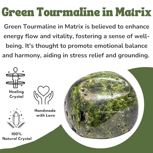 Amazing Gemstone Green Tourmaline with Matrix Crystal Tumbled Stones Polished Rocks - Natural Gem Stones for Healing - DIY Crystals for Protection (1 Piece) - color: Green Tourmaline with Matrix