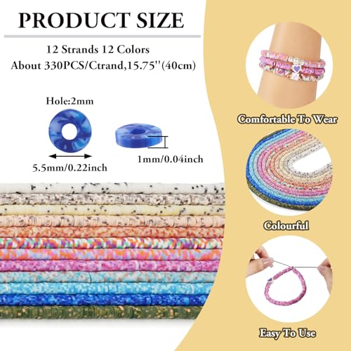 Elecrelive 12 Colors Polymer Clay Bead Strands 5.5mm Flat Round Heishi Disc Loose Spacer Beads Summer Bracelet Kit for Chocker Necklace Earring DIY Crafts - color: Mix 12 Colors