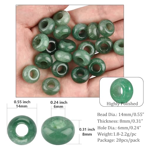 20Pcs Natural Green Aventurine Large Hole Beads, 8x14mm Rondelle Gemstone Spacer Beads 6mm Big Hole for Jewelry Making, Beading Bracelets, Macrame & Hair Braiding - color: Green Aventurine